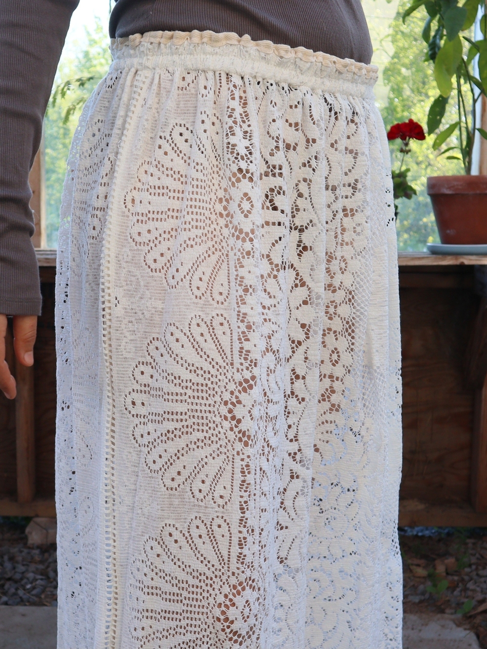 Upcycled Vintage Lace Maxi Skirt Cotton Sheer Floral - Picture 6 of 8